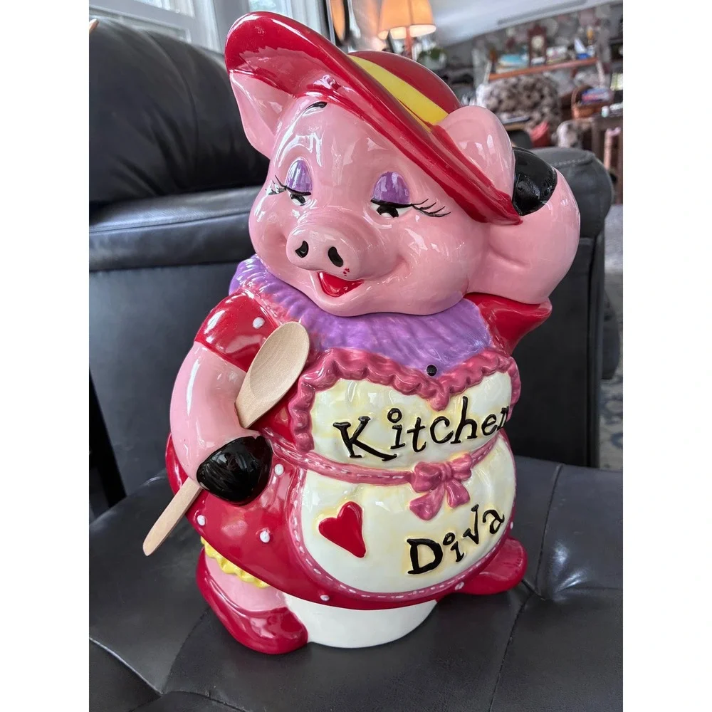 Kitchen Diva Pig Cookie Jar Red Polka Dot Dress Ceramic Novelty Vintage Style